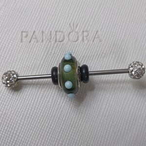Pandora Vintage 2005-2006 Silver Olive Green/Blue Spotty Murano Glass Charm.